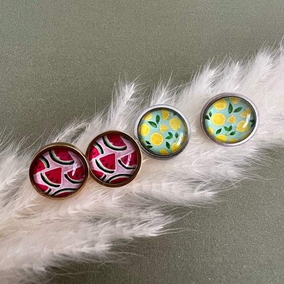 Classic Round  Fruit Stud Earring Set - Lemon and Watermelon Stud Earrings - Picture 2 of 14